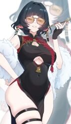 1girls alternate_costume animal_ears black_dress black_gloves black_hair breasts china_dress chinese_clothes cleavage_cutout clothing_cutout commentary_request cosplay covered_navel cutout_above_navel dress female fingerless_gloves gloves highres jane_doe_(zenless_zone_zero) large_breasts mouse_ears mouse_girl ruaruayana sleeveless sleeveless_dress solo sweety_(zenless_zone_zero) sweety_(zenless_zone_zero)_(cosplay) thigh_strap thighs tinted_eyewear underboob_cutout yellow-tinted_eyewear zenless_zone_zero zoom_layer