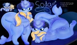 anthro ass bed bedding big_butt blue_body canid canine darkpatches dog_ears duo femboy fur furniture genitals hi_res male male/male mammal naimo_(darkpatches) on_bed overweight overweight_anthro overweight_male penis soda_(darkpatches) solo solo_focus sucking tentacle thick_thighs