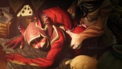 anthro blizzard_entertainment bodily_fluids canid canine cum cum_inside doggy_style duo ear_piercing female fennec_fox fox from_behind_position genital_fluids hi_res hood humanoid kalni male male/female mammal piercing rihi sex true_fox vulpera warcraft wicust zatoart