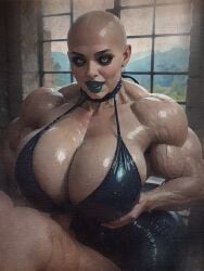 1boy 1boy1girl 1girls ai_generated bald bald_female black_sclera breasts dress faceless_male female_on_male green_eyes green_lipstick grey-skinned_female halter_dress hetero hetero_sex heterosexual huge_breasts light-skinned_male monster_girl muscular_female oc oiled oiled_body oiled_skin original_character paizuri penis ruins sex_through_clothes sex_through_clothing sex_through_dress straight straight_sex testicles titfuck titjob