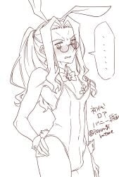 1boy animal_ears bandaid bandaids_on_nipples blush crossdressing crossdressing_(mtf) fake_animal_ears femboy glasses hand_on_own_hip highres isurugiratone long_hair looking_at_viewer male_focus male_playboy_bunny michael_roa_valdamjong michael_roa_valdamjong_(human) pasties pectorals ponytail rabbit_ears sweat tsukihime wide_hips