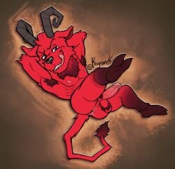 2025 anthro anus armpit_hair ball_tuft balls body_hair bovid brown_background chest_tuft dipstick_tail don't_starve fur genitals hands_behind_head hi_res hooves horn humanoid_genitalia humanoid_penis imp klei_entertainment kooparik licking licking_lips male mammal markings muscular muscular_male nipples penis pink_nipples pose presenting pupils raised_arms raised_leg red_body red_fur signature simple_background smug solo tail tail_markings tongue tongue_out tuft wortox
