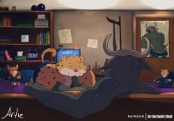 absurd_res anthro artietheartbull benjamin_clawhauser bovid bovine cattle cheetah chief_bogo clothed clothing digital_media_(artwork) disney duo erection felid feline fellatio fur genitals hi_res horn male male/male mammal markings muscular muscular_anthro muscular_male nude open_mouth oral pecs penile penis sex spots spotted_body tail zootopia