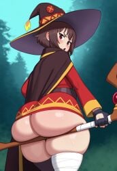 1girls ai_generated ass big_ass big_butt blush brown_hair bubble_butt clothes_lift dress dress_lift fat_ass female female_only fingerless_gloves gloves hat huge_ass kono_subarashii_sekai_ni_shukufuku_wo! large_ass long_hair looking_at_viewer looking_back megumin onlycakez red_eyes solo solo_female staff thick thick_thighs voluptuous