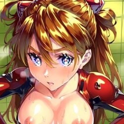 blue_eyes blush breasts female hair_between_eyes large_breasts long_hair lying multicolored nipples solo souryuu_asuka_langley sweat