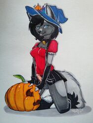 1futa 2017 anthro balls breasts canine cleavage clothed clothing costume erection erection_under_clothes erection_under_skirt food fox fruit futa_only futanari grey_fox hair halloween hat holidays intersex jack-o-lantern looking_at_viewer magic_user mammal medium_breasts no_panties penis penis_under_clothes penis_under_skirt precum precum_drip pumpkin simple_background skirt skirt_lift smile traditional_media_(artwork) vik_hollow witch witch_hat yuif0x