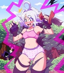 1girls 2025 ahoge assisted_exposure blush borrowed_character bra embarrassed exploding_clothes fingerless_gloves gloves imsomethingradical magic medium_hair mismatched_underwear navel open_mouth original outdoors panties pink_bra pink_panties print_panties purple_eyes rika_the_thief_(eufdreamer) surprised tagme thighhighs thighs torn_clothes weapon white_hair