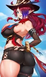 ai_generated ass bare_shoulders belt blue_eyes breasts chasca_(genshin_impact) detached_sleeves elf female fourina genshin_impact gloves hair_over_one_eye hat huge_ass huge_breasts long_hair looking_at_viewer looking_back pointy_ears purple_hair red_hair smile solo thick_thighs thighs witch_hat