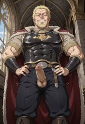 ai_generated askeladd balls beard big_penis blonde_hair blonde_hair_male cock cock_out exposed_penis hands_on_hips large_penis male_focus male_only muscular muscular_male penis penis_out stable_diffusion testicles throbbing_penis viking vinland_saga