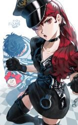 1boy 1girls :o absurdres akira_kurusu andrich_galam black_choker black_footwear black_gloves black_hair black_hat black_ribbon black_shirt black_skirt black_thighhighs chains chibi choker collarbone commentary cuffs english_commentary female flying_sweatdrops gloves hair_ribbon handcuffs hat high_heels highres holding joker_(persona) long_hair long_sleeves looking_at_viewer looking_down one_eye_covered pants pencil_skirt persona persona_5 persona_5_the_royal police police_hat police_uniform ponytail prison_clothes red_eyes red_hair ren_amamiya ribbon shirt short_sleeves skirt standing standing_on_one_leg striped_clothes striped_pants striped_shirt sumire_yoshizawa thighhighs torn_clothes torn_shirt wavy_hair