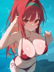 1girls absurdres bikini breasts cleavage female goddess_of_victory:_nikke green_hairband hairband highres holypotato0 large_breasts long_hair looking_at_viewer navel official_alternate_costume ponytail rapi_(nikke) rapi_(red_hood)_(nikke) rapi_(red_hood)_(red_flavor)_(nikke) red_bikini red_eyes red_hair side-tie_bikini_bottom solo solo_female stomach swimsuit very_long_hair water