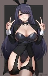 absurdres animal_ear_hairband animal_ears artist_name barbell_piercing black_background black_bow black_bowtie black_hair black_jacket black_leotard blue_eyes blush border bow bowtie breasts brown_thighhighs cleavage coattails cosplay detached_collar double_v ear_piercing fake_animal_ears female female_focus garter_straps grey_border grey_eyes grin hairband highleg highleg_leotard highres hioyami industrial_piercing izayoi_arisa izayoi_arisa_(cosplay) jacket kitagawa_marin large_breasts leotard long_hair long_sleeves looking_at_viewer nail_polish outside_border patreon_logo piercing playboy_bunny rabbit_ear_hairband rabbit_ears smile solo sono_bisque_doll_wa_koi_wo_suru thighhighs thighs v wrist_cuffs