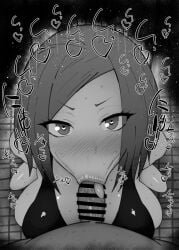 1boy 1girls :>= bare_shoulders big_penis black_and_white blush breasts censored detailed_background drooling enen_no_shouboutai eyelashes fellatio female heart heart-shaped_pupils human indoor inside kneeling kurotama lisa_isaribi long_hair looking_at_viewer male male_pov oral oral_sex penis pov room saliva shiny shiny_skin sketch sound_effects squatting sweat text tongue_out vein veins veiny veiny_penis