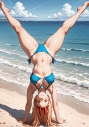 ai_generated beach bikini blonde_female blonde_hair blue_bikini chainsaw_man curvy curvy_female curvy_figure demon_horns girl handstand legs_apart legs_spread long_hair medium_breasts ocean power_(chainsaw_man) thick_thighs wide_hips