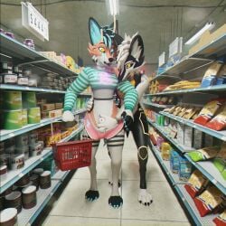 3d_(artwork) anthro bovid canid canine digital_media_(artwork) duo femboy flaccid flaccid_play fox genitals hi_res horn lagomorph male male/male mammal penis public public_nudity sany_van_fox sanythefox sol_heylyn_(sanythefox) supermarket teasing wings wolpertinger