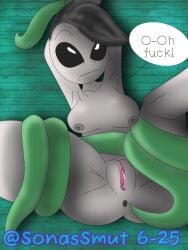 alien areola ass bondage bondage bound breasts brick_wall bubble_butt digital_media_(artwork) female genitals green_tentacles grey_body grey_hair grey_skin hair horrorvale humanoid imminent_sex keebra_(horrorvale) looking_at_viewer nipples no_clothing not_furry sex shaded signature soft_shading solo sonassmut tentacle tentacle_sex text thick_thighs vulva wall_(structure)