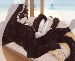 absurd_res anthro beach bed big_penis black_body black_fur black_spots curtains day felid foreskin fur furniture genitals hi_res humanoid_genitalia humanoid_penis jaguar konigpanther looking_at_viewer looking_back looking_back_at_viewer male mammal markings muscular muscular_anthro muscular_male nude_anthro nude_male pantherine penis sea seaside seibear solo spots spotted_body spotted_fur water white_body white_fur yellow_eyes