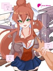 1girls arte_mitzuki artemitzuki_(artist) big_breasts blush bra bra_strap bra_visible_through_clothes breasts brown_hair cleavage clothed clothed_female clothes consensual_groping disembodied_hand doki_doki_literature_club eye_contact female female_focus grabbing_another's_breast grabbing_breasts green_eyes groping groping_breasts hair hair_ribbon hairbow hairbow heart large_breasts long_hair looking_at_viewer monika_(doki_doki_literature_club) open_mouth pov solo_focus text