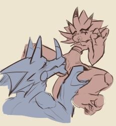 ambiguous_gender anthro b00b00keys bandai_namco betelgammamon blush claws cunnilingus digimon digimon_(species) duo evolutionary_family female genitals hi_res kausgammamon lying on_back oral scalie sex toe_claws vaginal_penetration vulva