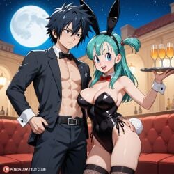 1boy ai_generated breasts bulma_briefs bunny_girl couple dragon_ball fairy_tail female gray_fullbuster night night_club sensual sexy_girl smile