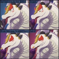 2025 absurd_res anthro black_body black_markings black_spikes bodily_fluids bushiroad chibi_panda_(buddyfight) claws closed_eyes cum cum_on_face cum_on_tongue demon_lord_dragon_batzz dialogue digital_drawing_(artwork) digital_media_(artwork) dragon duo ejaculating_on_another ejaculation english_text eyebrows facial_spikes finger_claws foreskin four_frame_sequence future_card_buddyfight genital_fluids genitals gold_(metal) gold_jewelry green_eyes hi_res horn humanoid_genitalia humanoid_penis jewelry leaking_precum licking looking_at_another looking_at_genitalia looking_at_partner looking_at_penis looking_pleasured male male/male markings mythological_creature mythological_scalie mythology oral penile penis penis_lick precum presenting red_eyebrows ryudorubr scalie sequence sex sharp_teeth signature solo_focus speech_bubble spikes spikes_(anatomy) teeth text tongue tongue_out vein veiny_penis white_body