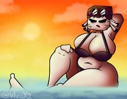 1female 1girls 2d 2d_(artwork) 2d_artwork arms_behind_head artist_name beach big_breasts breasts breasts_bigger_than_head cleavage curvaceous curvy curvy_body curvy_female curvy_figure deep_cleavage goggles headgear headwear huge_breasts in_water knee_up large_breasts original original_character sitting sitting_on_water sunset swimsuit swimwear twitter_username vhrox2 voluptuous voluptuous_female