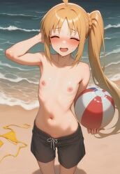 1girls ai_generated beach beach_ball belly_button blonde_female blonde_hair blonde_hair_female bocchi_the_rock! embarrassed_expression embarrassed_female embarrassed_nude_female exposed_breasts exposed_nipples exposed_torso female female_focus female_only flat_chest flat_chested ijichi_nijika naked naked_female nipples nude nude_female ocean solo solo_female solo_focus stomach swim_trunks swimsuit wardrobe_malfunction