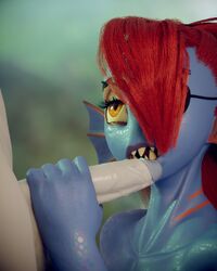 anthro blue_skin blurred_background erection eye_patch eyewear fish hair humanoid_penis looking_up marine open_mouth penis penis_grab red_hair sharp_teeth teeth undertale undyne video_games wo262 yellow_eyes