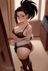 1girls 2d ai_generated ass barefeet big_ass big_breasts black_bra black_hair black_panties boku_no_hero_academia bra breasts erophoenix feet female female_focus full_body indoors looking_at_viewer looking_back momo_yaoyorozu my_hero_academia navel nude pale_skinned_female panties patreon_username ponytail school_uniform smile soles solo solo_female sweat thick thick_thighs toes u.a._school_uniform uncensored underwear