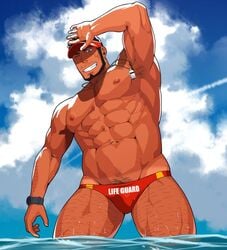 1boy abs armpit_hair bara beard black_hair clouds hairy_armpits hairy_legs lifeguard male male_only muscle mustache nipples one_eye_closed outside pecs pubic_hair sakuramaru123 shirtless sky smile solo speedo sweatdrop swimsuit swimwear tan_line thighs visor_cap water wet whistle wristband