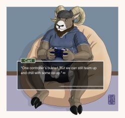 2025 absurd_res anthro balls bean_bag beard bighorn_sheep bottomwear bovid caprine carl_hendricks clothed clothing colored controller digital_media_(artwork) echo_(game) echo_(series) echo_project facial_hair flaccid foreskin game_controller gaming garo_(artist) genitals hi_res hoodie hooves horn humanoid_genitalia humanoid_penis inviting_to_sex kerchief line_art looking_at_viewer male mammal open_bottomwear open_clothing open_pants pants penis pubes shaded sheep sitting smile solo text text_box topwear uncircumcised