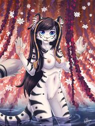 2018 5_fingers anthro black_hair blue_eyes breasts digital_media_(artwork) feline female hair ketty-leopardess mammal midriff nipples nude partially_submerged pussy smile solo standing teeth tiger water