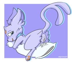 blue_eyes eeveelution espeon female forehead_gem forked_tail gem generation_2_pokemon genitals hi_res hug hugging_object hugging_pillow nintendo pillow pokemon pokemon_(species) pussy scarf screamoshaymin signature simple_background solid_color tail unusual_anatomy unusual_tail vulva