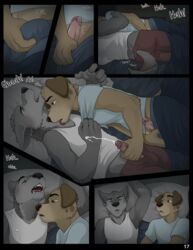 2018 5_fingers andrew_oleander anthro anthro_on_anthro bed bedding big_penis black_nose blanket blue_eyes blush brown_eyes brown_fur bulge canine closed_eyes clothed clothing comic cooper_estevez cum detailed_background dialogue duo english_text fur golden_retriever grey_fur grope hand_on_penis humanoid_penis jackaloo lying male mammal on_bed on_side open_mouth page_17 pants penis penis_grab penis_outline pillow precum shirt speech_bubble tan_fur text thought_bubble underwear wolf yaoi