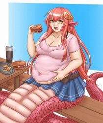 1girls bbw belly burger chubby chubby_female eating female lamia meatpedal miia_(monster_musume) monster_girl monster_musume_no_iru_nichijou naga red_hair red_scales snake snake_girl snake_tail