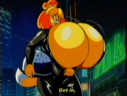 animal_crossing anthro breasts cleavage furry gigantic_breasts huge_breasts hyper isabelle_(animal_crossing) latex looking_at_viewer nintendo solo text