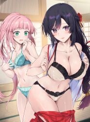 2girls black_bikini black_hair blunt_bangs breast_envy breasts cornrows female frills gradient_eyes green_eyes hair_intakes hair_ornament hakama huge_breasts indoors lingerie lips long_hair miko multiple_girls nail_polish partially_undressed pink_hair ponytail second-party_source shrine shrine_maiden small_breasts swept_bangs two_tone_bikini very_long_hair white_bikini