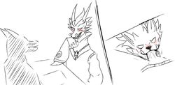 2boys anthro blush canine claws clothed clothing dragon dragon_city fur furry furry_only gay horn male male_only mammal monochrome oral penis scalie secrets-from-dark sex simple_background sketch smile tongue vampire_dragon video_games werewolf_dragon white_background yaoi