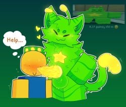 blush feline furry gnarpy_(regretevator) green_fur nejajiku_nsfw noob_(roblox) precum regretevator roblox roblox_game sweat