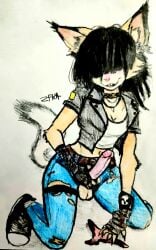 absurd_res alternative_fashion animal_humanoid bangs black_hair bottomwear buckteeth canid canid_humanoid canine canine_humanoid clothing crop_top denim denim_bottomwear denim_clothing erection fox_humanoid futanari gloves hair handwear herm hi_res humanoid intersex jeans mammal mammal_humanoid masturbation panties pants punk shirt teeth topwear underwear zfka