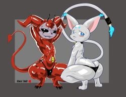 anthro ass balls bandai_namco big_butt blue_eyes blush clothing demi_impmon demon digimon digimon_(species) digital_media_(artwork) duo ema_imp~ fan_character felid feline fur gatomon genitals hi_res horn hybrid imp male male/male mammal mythology oiled_body red_body red_fur short_stack simple_background spade_tail tail thick_thighs tuft white_body white_fur wide_hips