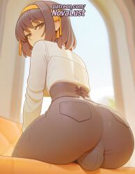 1futa 2025 ai_generated artist_name ass brown_eyes brown_hair from_behind futanari hairband hi_res high_quality high_resolution highres looking_at_viewer looking_back novalust pantylines patreon patreon_username short_hair sitting solo stable_diffusion suzumiya_haruhi suzumiya_haruhi_no_yuuutsu watermark