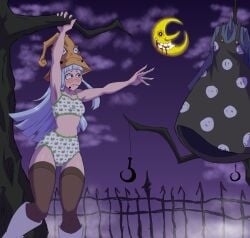 1girls 2025 accidental_exposure black_eyes blue_hair blush boots bra dress dress_removed embarrassed eruka_frog frog_print hat imsomethingradical long_hair navel outdoors panties print_bra print_panties soul_eater tagme tears thighhighs white_bra white_panties