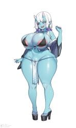 areola_slip ass bare_shoulders bikini black_bikini black_nails black_sclera blunt_bangs blush breasts collarbone colored_sclera colored_skin cone_horns earrings eyebrows_hidden_by_hair eyelashes eyeliner fangs female full_body gigantic_breasts green_eyes high_heel_sandals highres horns huge_ass japanese_clothes jewelry kimono knees makeup multi-tied_hair navel_piercing o-ring o-ring_bikini ofuda oni original panties pelvic_curtain piercing pigeon-toed pussy red_eyeliner sandals shirt_slip sidelocks skin-covered_horns skindentation slit_pupils sphere_hair_ornament string_of_pearls string_panties swimsuit thighs toes uncensored underwear variant_set white_background white_hair wide_hips xiangzi_box yukata