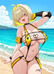 ahoge arm_on_head arm_up armpit beach belly belly_button big_breast big_breasts bikini birds black_and_yellow_bikini black_and_yellow_glove black_and_yellow_swimsuit black_and_yellow_swimwear black_bracer black_choker black_glove blonde_female blonde_hair blonde_hair_female blue_sky blush blush_lines blushing_at_viewer blushing_female bracelet bracer breast breasts choker clothibg_cutout ear elbow_pads elegg_(boom_and_shock)_(nikke) elegg_(nikke) eye_visible_through_hair eyebrows_visible_through_hair game_controller_print glove goddess_of_victory:_nikke high_resolution hips holding_swim_ring holding_swimsuit holding_swimwear light-skinned_female light_skin light_yellow_hair moursho neckwear nipple_piercing nipples_covered not_ai_generated ocean official_alternate_costume one_piece_swimsuit purple_eyes rabbit_ornament see-through_bikini see-through_clothing see-through_swimsuit sexy_pose shadows single_ear single_glove slingshot_bikini slingshot_swimsuit slingshot_swimwear sunny swimsuit swimwear tattoo tattoo_on_thigh thick_body thick_thighs thighs tummy two-tone_hair two_tone_hair upscaled violet_eyes waifu2x wet_breasts wet_skin wet_thighs wristband yellow_glove yellow_hair yellow_hair_female