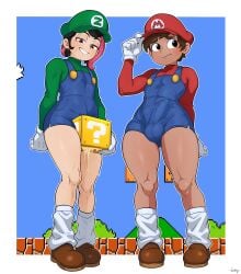 2boys ? brown_eyes brown_hair bulge bulge_under_clothes cap cosplay cum cum_drip cum_in_container dark-skinned_male femboy from_below gloves guy_hamdon looking_at_viewer looking_away loose_socks luigi_(cosplay) marco_diaz mario_(cosplay) mario_(series) overalls pink_hair shezow shezow_(character) star_vs_the_forces_of_evil testicular_bulge thegreatick two-tone_hair