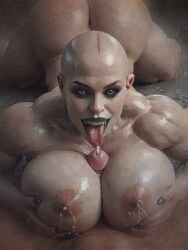 1ambiguous 1girls ai_generated ambiguous_gender ass bald breasts claws cum_between_breasts cum_outside ejaculation ejaculation_between_breasts eyeshadow fangs green_eyes green_lipstick grey-skinned_female lactation large_ass large_breasts light-skinned lipstick monster_girl muscular_female oc oiled oiled_body oiled_skin original_character paizuri penis pov titfuck titjob tongue_out