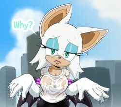 1girls animal_ears animal_nose bat_ears bat_girl bat_wings blue_eyeshadow breasts curvy dark-skinned_female dark_nipples dark_skin elbow_gloves english_text eyeshadow female frown furry furry_female gloves green_eyes looking_at_viewer low_wings making-of_available medium_breasts nipples_visible_through_clothing no_bra pencils_(artist) revision rouge_the_bat shortstack solo sonic_(series) sonic_the_hedgehog_(series) t-shirt wet wet_clothes white_gloves white_hair white_shirt wide_hips