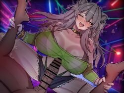 1boy 1girls amazon_position animal_ears bar_censor before_sex blush bracelets breasts bull_pov censored choker clothed_female_nude_male concert erect_penis erection female femdom grey_eyes grey_hair hololive hololive_gen_5 hololive_japan huge_breasts imminent_sex indoors leg_grab lion_ears lion_girl looking_at_viewer male male_pov malesub mh_(ntr5304) nose_blush open_mouth penis pov queen_of_spades shishiro_botan shorts size_queen sole_male soles spade_choker spade_tattoo tank_top tattoo textless virtual_youtuber