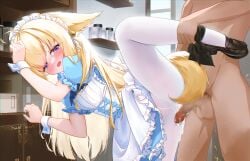 1boy absurdres after_sex after_vaginal animal_ears chou_(1092086648) cum female fox_ears highres leg_up maid male open_mouth original pantyhose pussy sex sex_from_behind torn_clothes torn_pantyhose white_pantyhose